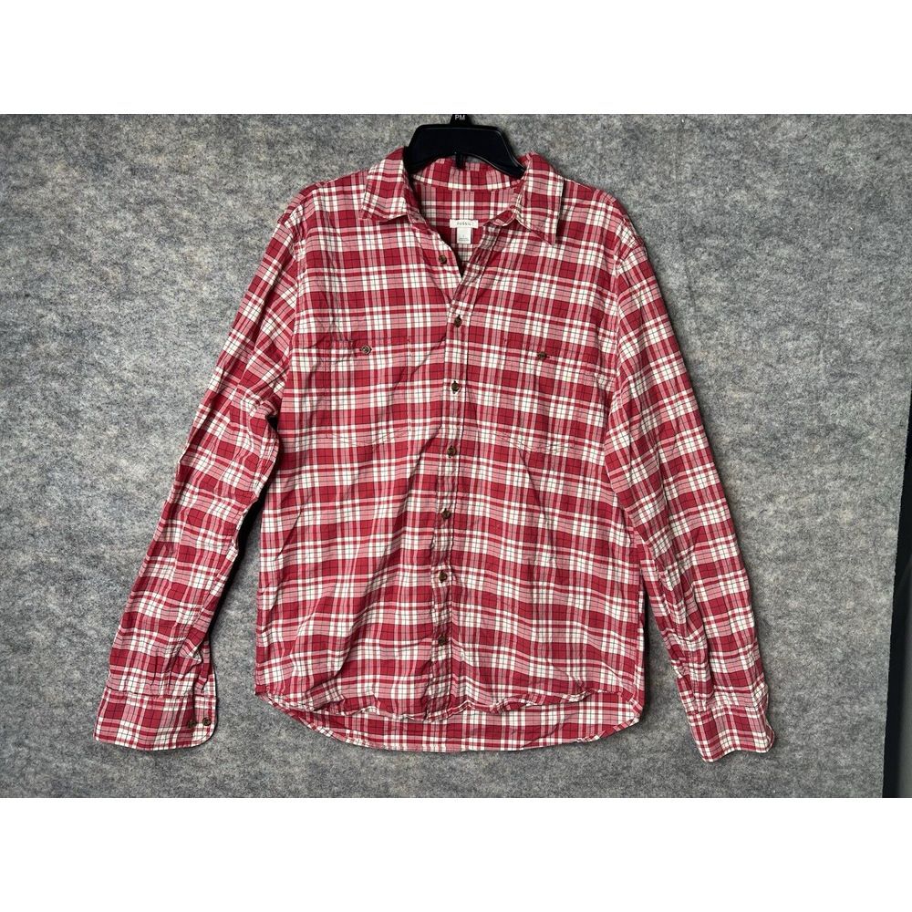 Fossil Button Down Shirt Mens Large Red Plaid Checkered Preppy Long Sleeve